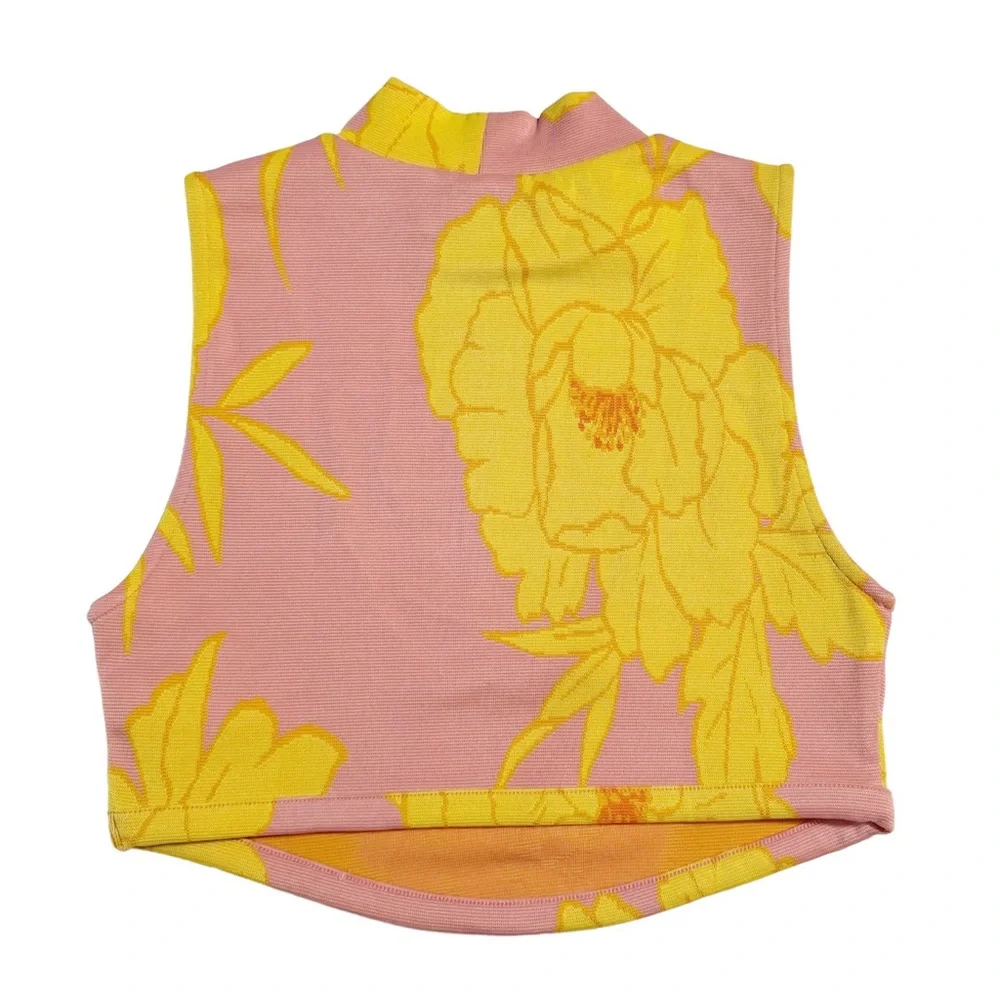 Zara NWT Floral Jacquard Mock Neck Crop Top in Peach Pink/Yellow Size Small - Picture 8 of 13